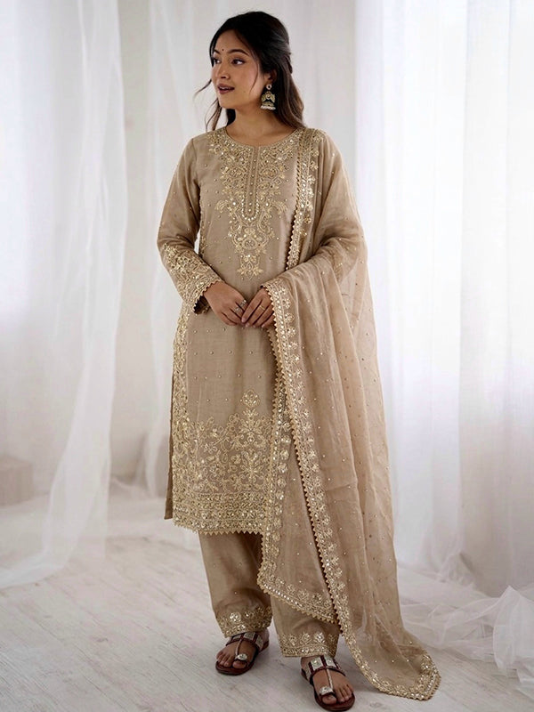 Beige Embroidery Coding Sequence Work Gmy Silk Palazzo Suit