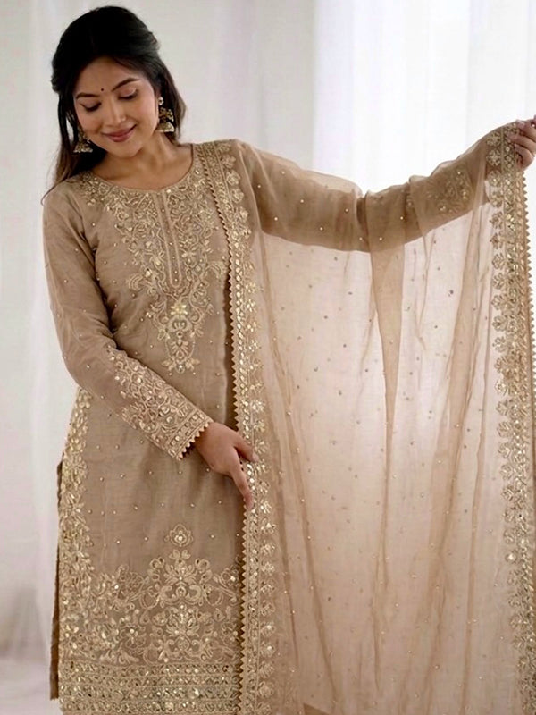 Beige Embroidery Coding Sequence Work Gmy Silk Palazzo Suit