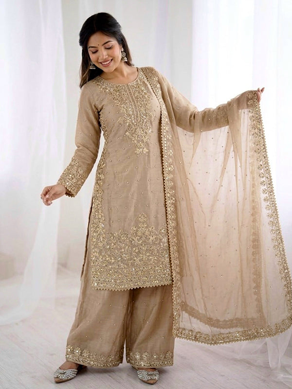 Beige Embroidery Coding Sequence Work Gmy Silk Palazzo Suit