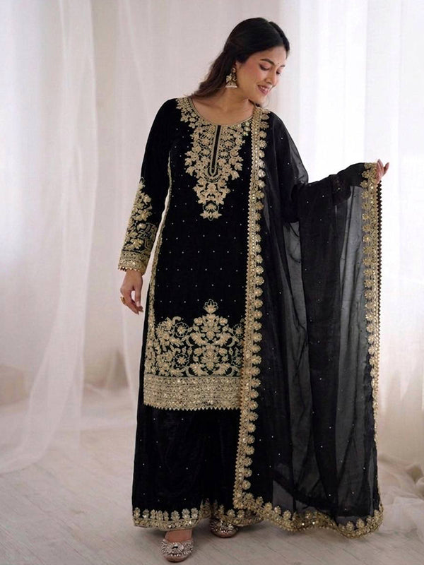 Black Embroidery Coding Sequence Work Gmy Silk Palazzo Suit