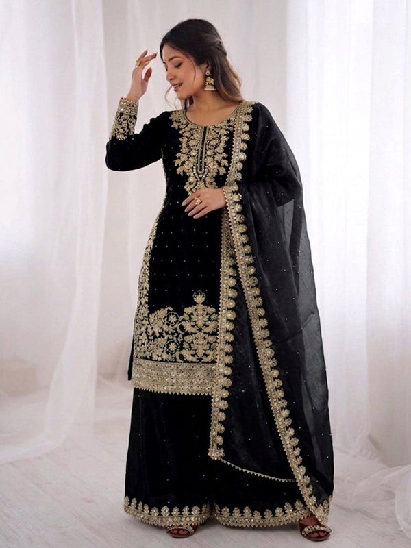 Black Embroidery Coding Sequence Work Gmy Silk Palazzo Suit