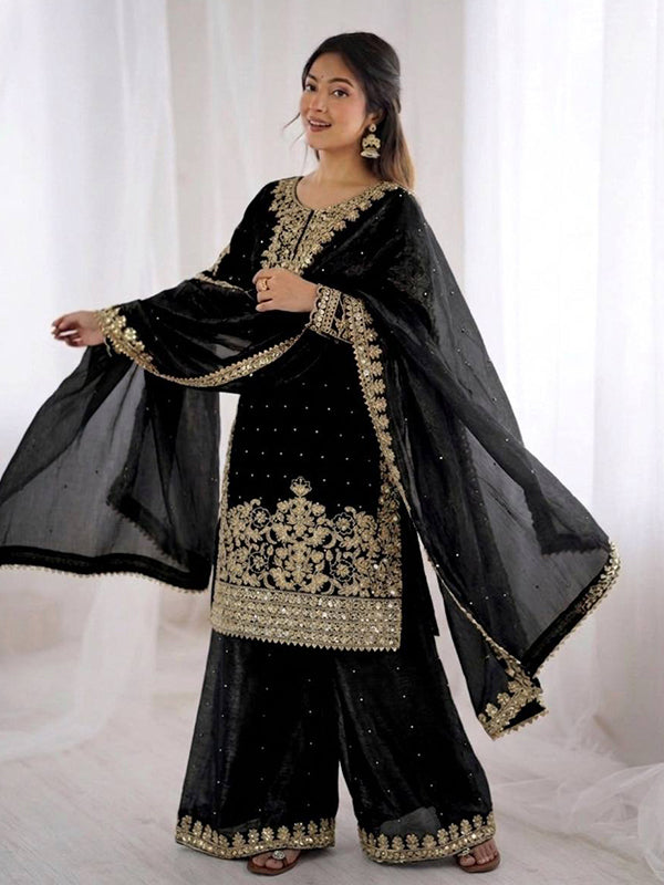 Black Embroidery Coding Sequence Work Gmy Silk Palazzo Suit