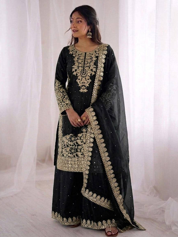 Black Embroidery Coding Sequence Work Gmy Silk Palazzo Suit