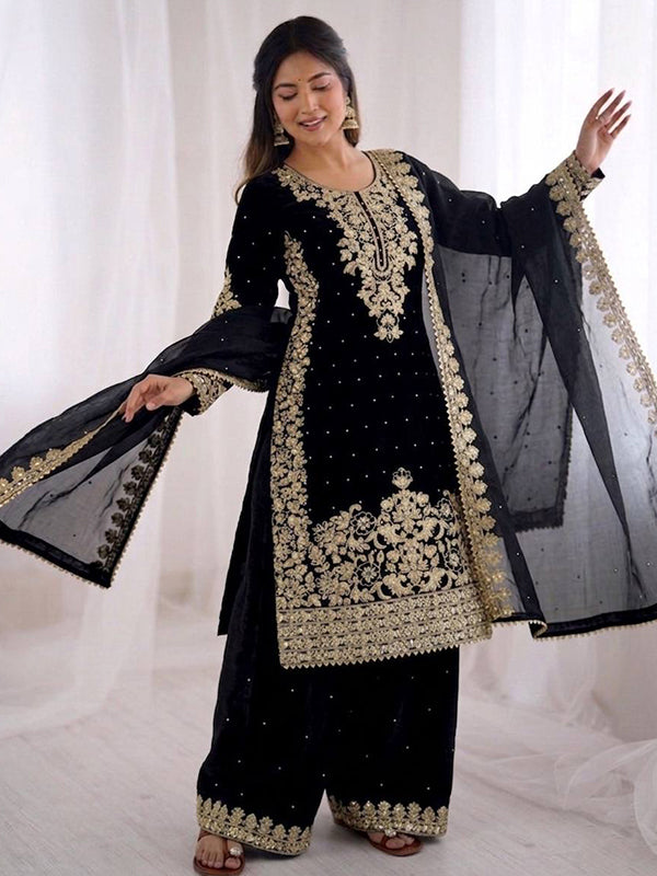 Black Embroidery Coding Sequence Work Gmy Silk Palazzo Suit