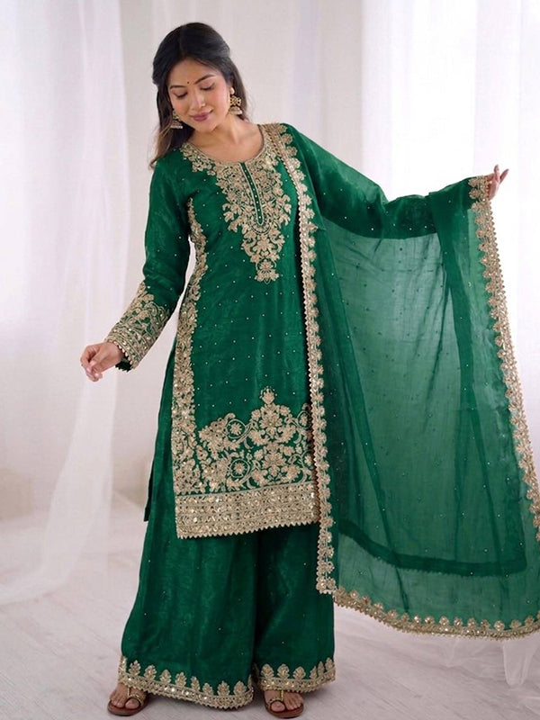 Green Embroidery Coding Sequence Work Gmy Silk Palazzo Suit