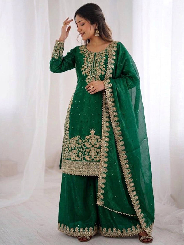 Green Embroidery Coding Sequence Work Gmy Silk Palazzo Suit