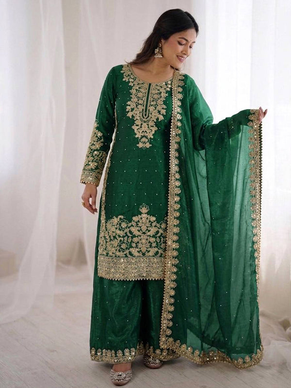 Green Embroidery Coding Sequence Work Gmy Silk Palazzo Suit