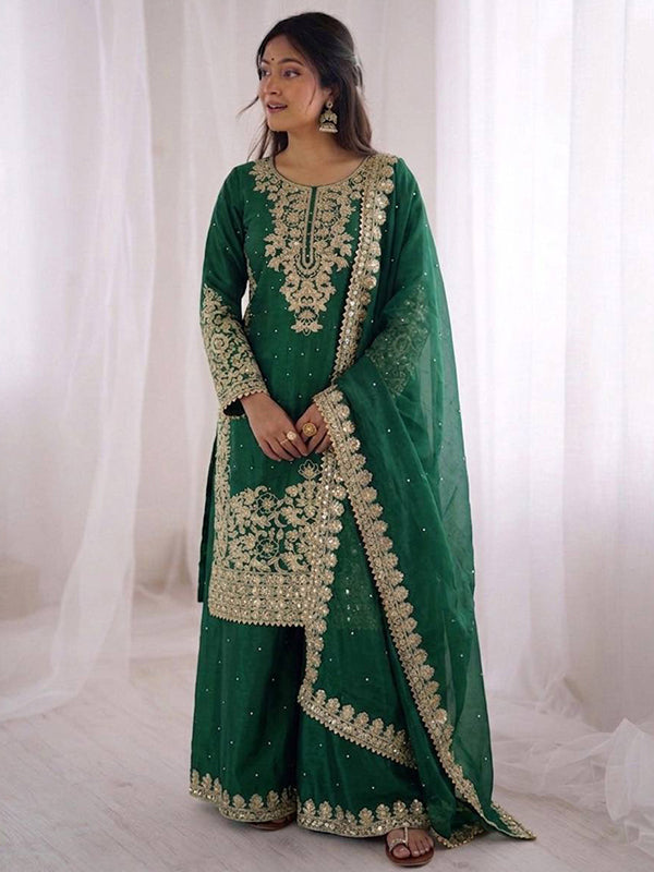 Green Embroidery Coding Sequence Work Gmy Silk Palazzo Suit