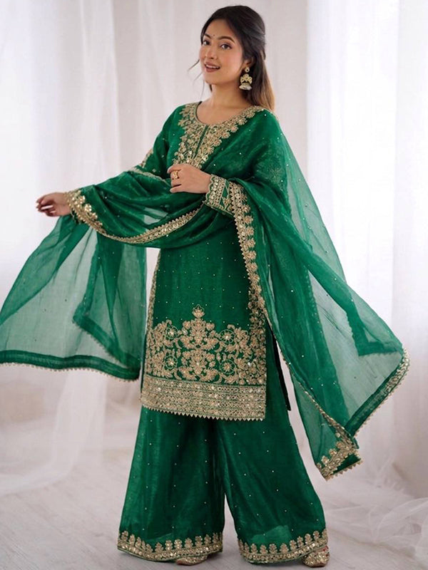 Green Embroidery Coding Sequence Work Gmy Silk Palazzo Suit