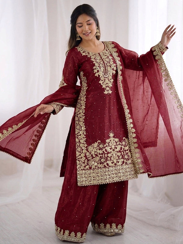 Maroon Embroidery Coding Sequence Work Gmy Silk Palazzo Suit