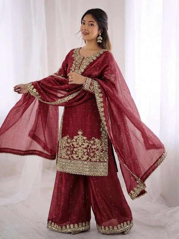 Maroon Embroidery Coding Sequence Work Gmy Silk Palazzo Suit
