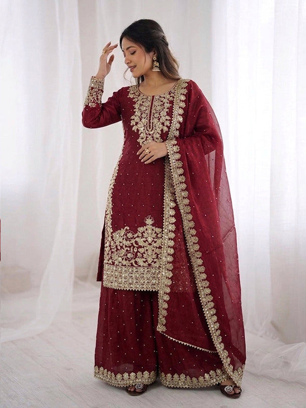 Maroon Embroidery Coding Sequence Work Gmy Silk Palazzo Suit