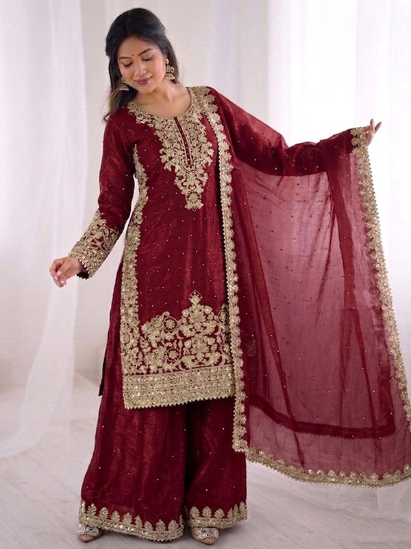 Maroon Embroidery Coding Sequence Work Gmy Silk Palazzo Suit