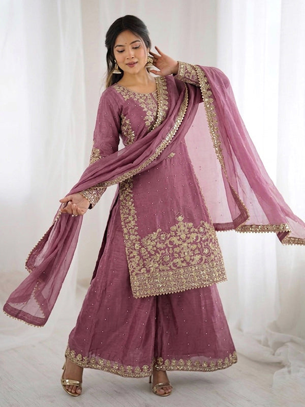 Dusty Pink Embroidery Coding Sequence Work Gmy Silk Palazzo Suit