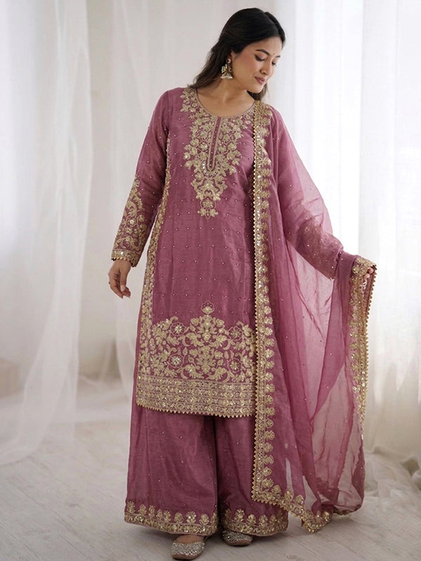 Dusty Pink Embroidery Coding Sequence Work Gmy Silk Palazzo Suit