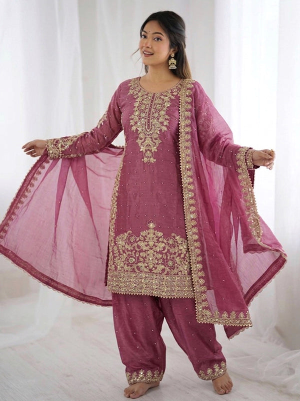 Dusty Pink Embroidery Coding Sequence Work Gmy Silk Palazzo Suit