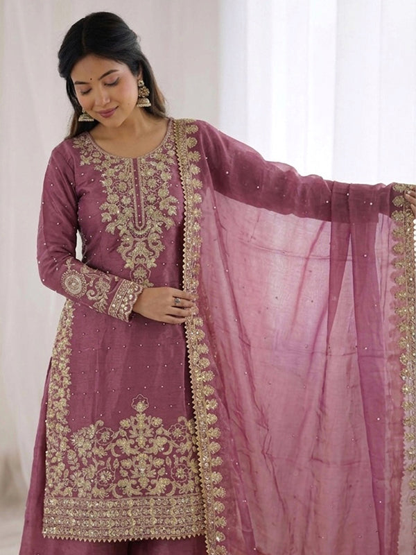 Dusty Pink Embroidery Coding Sequence Work Gmy Silk Palazzo Suit