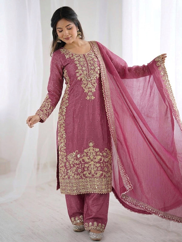 Dusty Pink Embroidery Coding Sequence Work Gmy Silk Palazzo Suit