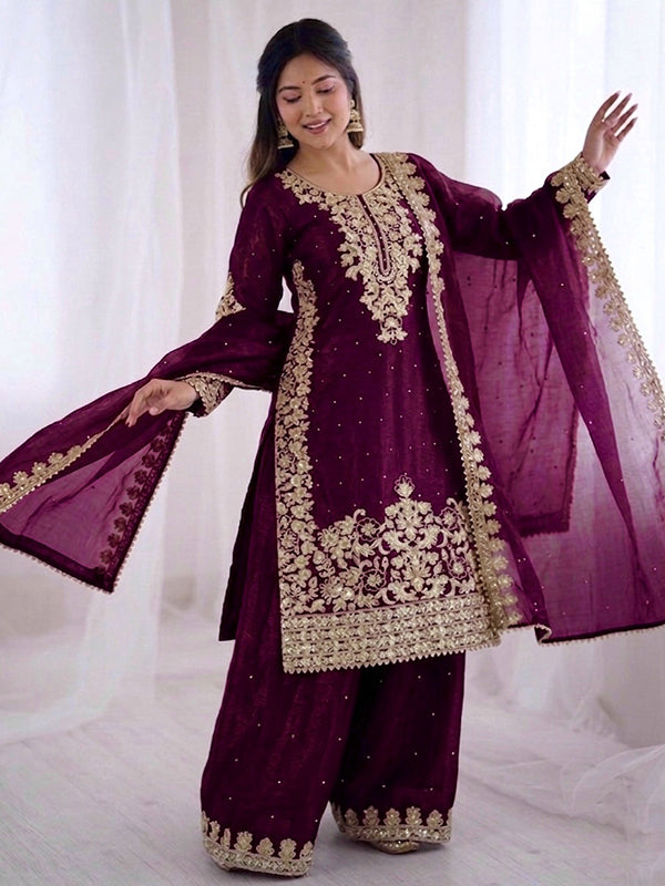 Wine Embroidery Coding Sequence Work Gmy Silk Palazzo Suit