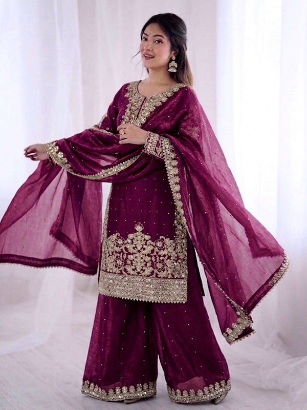 Wine Embroidery Coding Sequence Work Gmy Silk Palazzo Suit