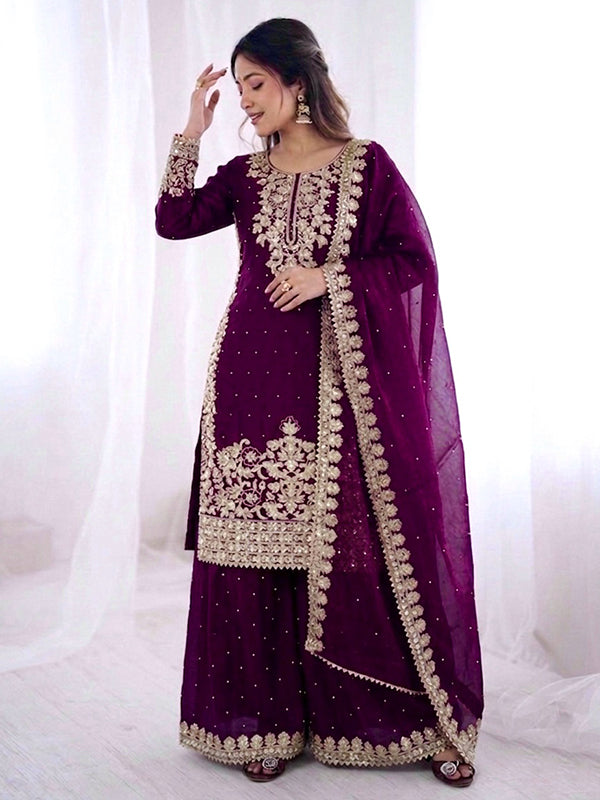 Wine Embroidery Coding Sequence Work Gmy Silk Palazzo Suit