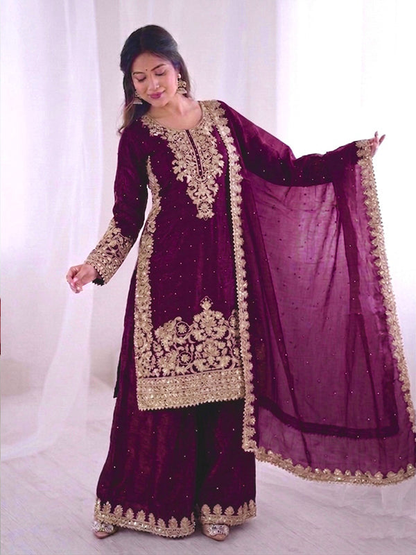 Wine Embroidery Coding Sequence Work Gmy Silk Palazzo Suit