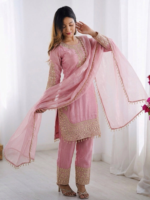 Rose Pink Embroidery Sequence Work Straight Roman Glass Silk Kurti Pant & Dupatta