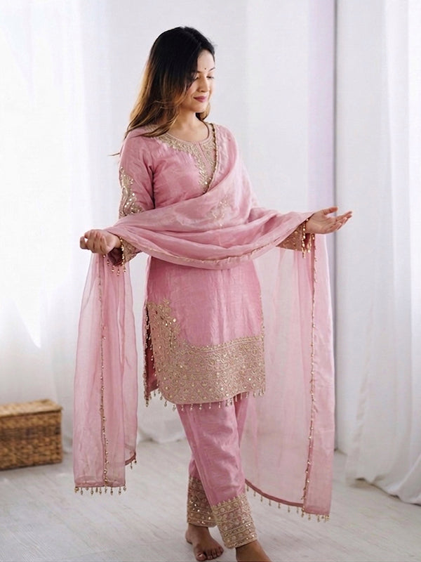 Rose Pink Embroidery Sequence Work Straight Roman Glass Silk Kurti Pant & Dupatta