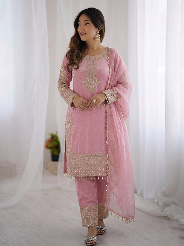 Rose Pink Embroidery Sequence Work Straight Roman Glass Silk Kurti Pant & Dupatta