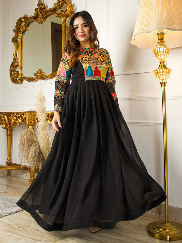 Beautiful Black Embroidery Work Floor Touch Gown