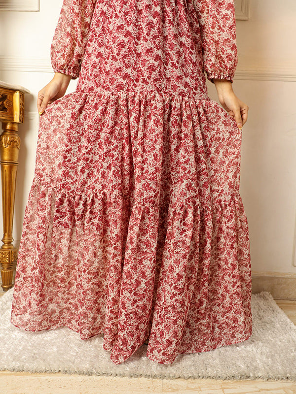 Bell Sleeve Maroon Floral Georgette Maxi Dress