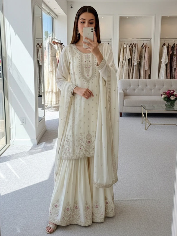 Off-White Embroidery Sequence Work Chinon Silk Sharara Set With Dupatta