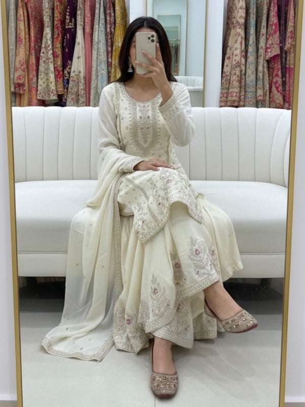 Off-White Embroidery Sequence Work Chinon Silk Sharara Set With Dupatta