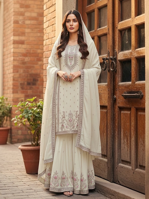 Off-White Embroidery Sequence Work Chinon Silk Sharara Set With Dupatta