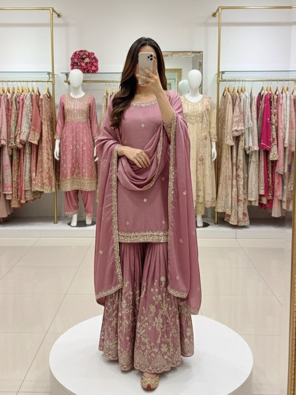 Onion Pink Embroidery Sequence Work Pure Chinon Silk Top Sharara With Dupatta