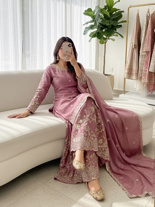 Onion Pink Embroidery Sequence Work Pure Chinon Silk Top Sharara With Dupatta