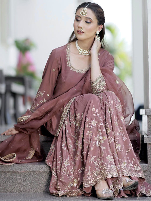 Onion Pink Embroidery Sequence Work Pure Chinon Silk Top Sharara With Dupatta