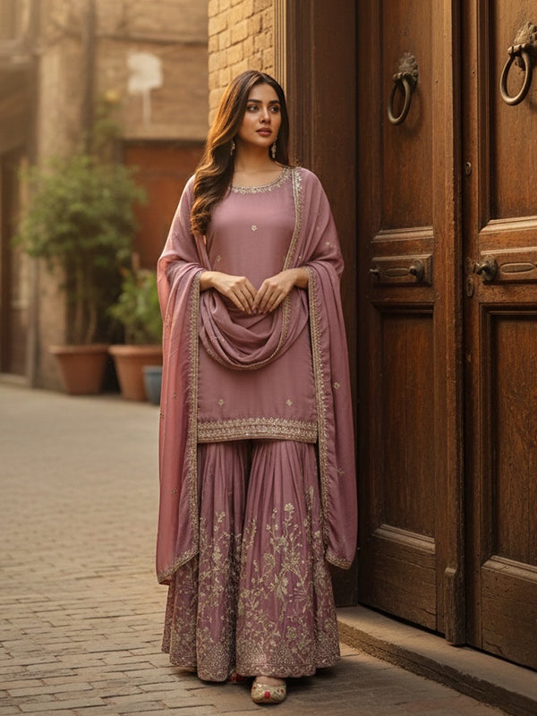Onion Pink Embroidery Sequence Work Pure Chinon Silk Top Sharara With Dupatta