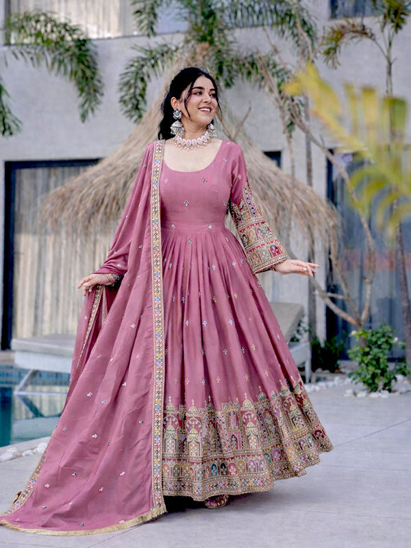 Pink Embroidery Coding Work Pure Chinon Silk Gown With Dupatta