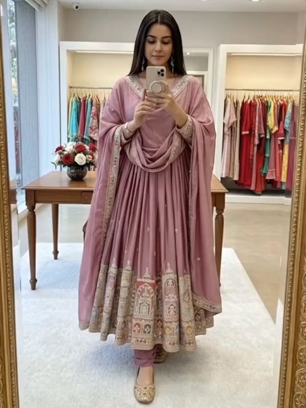 Pink Embroidery Coding Work Pure Chinon Silk Gown With Dupatta