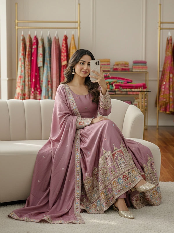 Pink Embroidery Coding Work Pure Chinon Silk Gown With Dupatta