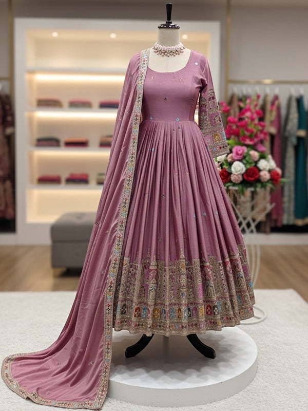 Pink Embroidery Coding Work Pure Chinon Silk Gown With Dupatta
