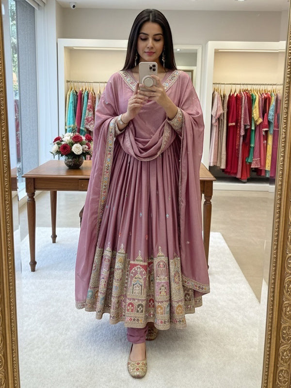 Pink Embroidery Coding Work Pure Chinon Silk Gown With Dupatta