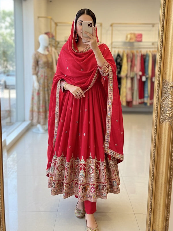 Red Embroidery Coding Work Pure Chinon Silk Gown With Dupatta