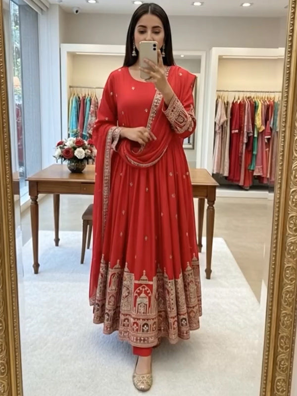 Red Embroidery Coding Work Pure Chinon Silk Gown With Dupatta