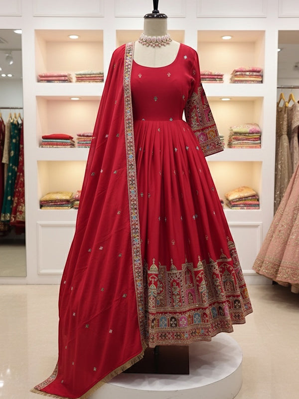 Red Embroidery Coding Work Pure Chinon Silk Gown With Dupatta