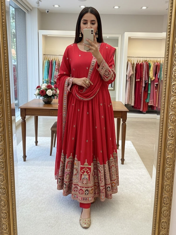 Red Embroidery Coding Work Pure Chinon Silk Gown With Dupatta