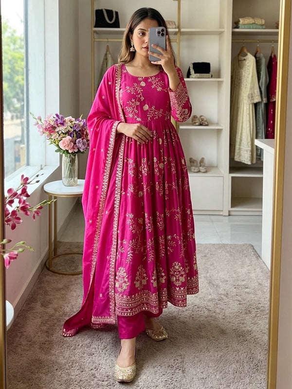 Dark Pink Embroidery Sequins Work Pure Chinon Silk Gown With Dupatta