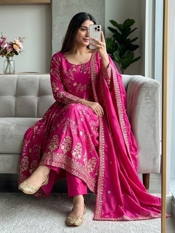 Dark Pink Embroidery Sequins Work Pure Chinon Silk Gown With Dupatta