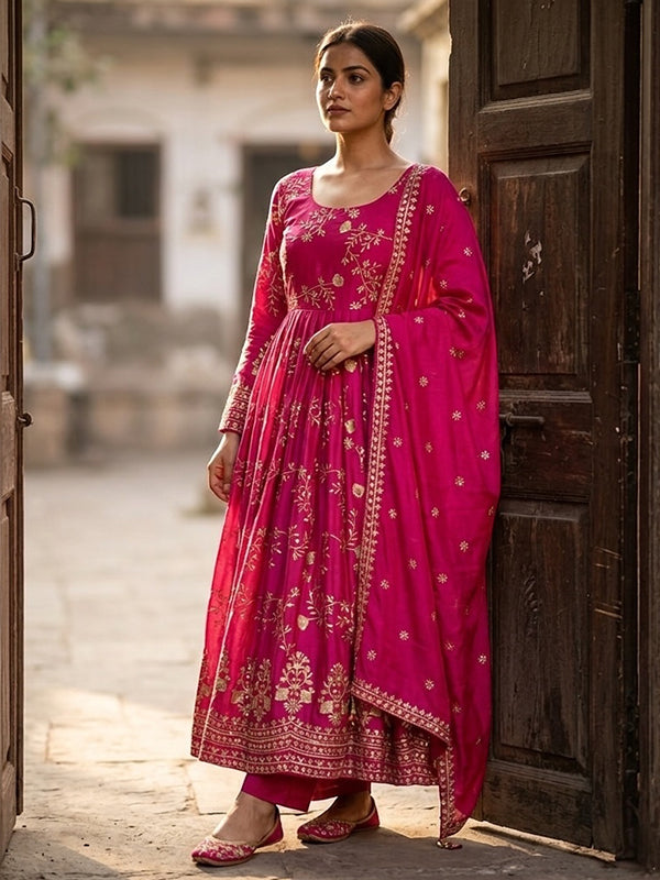 Dark Pink Embroidery Sequins Work Pure Chinon Silk Gown With Dupatta